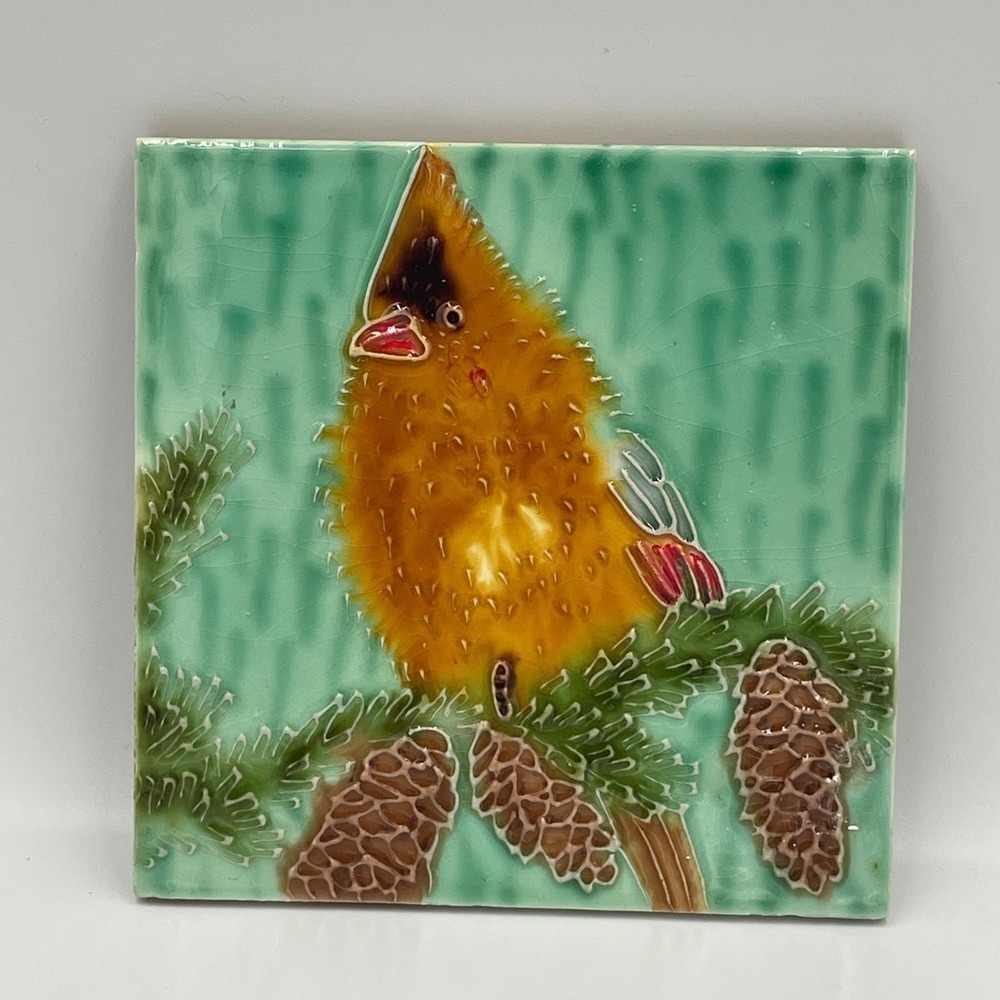 Handcrafted Ceramic Art Tile Cardinal Bird Pine Branch Pinecones Wall Decor 6x6"